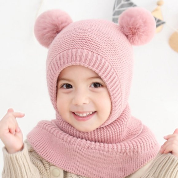 Kids Winter Knit Pom Pom Hat with Scarf/Collar - Picture 2 of 4